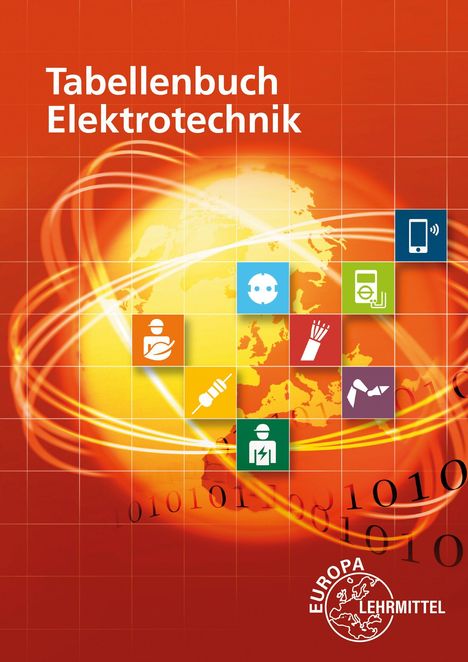 "TABELLENBUCH ELEKTROTECHNIK" in Weiß auf orange Farbverlauf, Symbole für Elektrotechnik, Europa-Karte im Hintergrund.