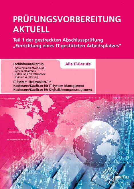 „PRÜFUNGSVORBEREITUNG AKTUELL“ in Weiß auf Pink. Darunter Weltkarte, Globus, Tastatur und vernetzte Welt.