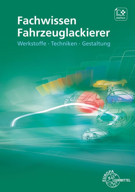 „Fachwissen Fahrzeuglackierer: Werkstoffe, Techniken, Gestaltung“. Illustration von farbigen Autos auf grünem Hintergrund.