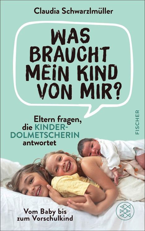 "Was braucht mein Kind von mir?" Drei lachende Kinder auf einem Bett, zwei liegend, ein Baby darüber.