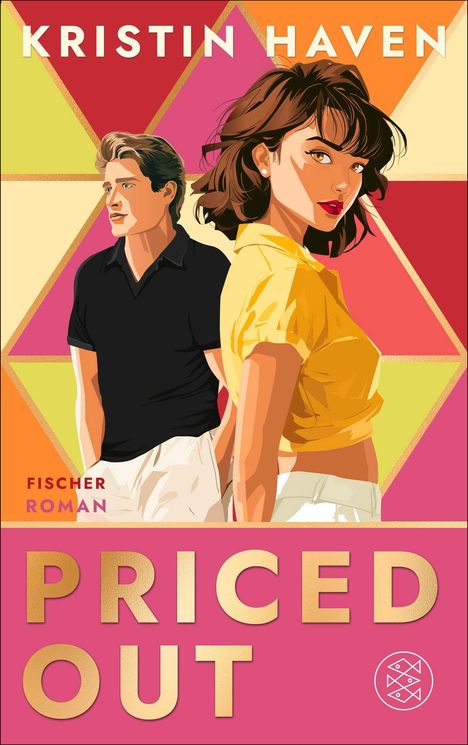 Oben: KRISTIN HAVEN; Mitte: FISCHER ROMAN; Unten: PRICED OUT. Illustration: Frau in Gelb, Mann in Schwarz vor farbigem Hintergrund.