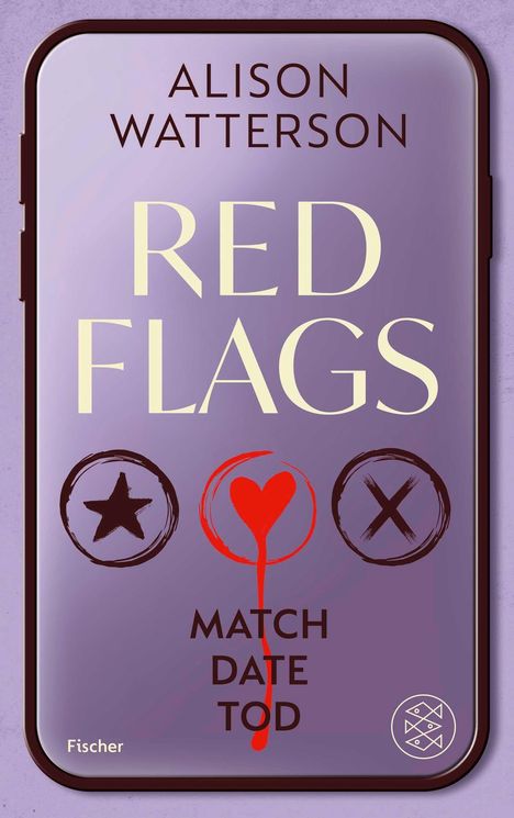"ALISON WATTERSON RED FLAGS MATCH DATE TOD" auf lila Hintergrund mit Telefonrahmen, Stern, Herz und X als Symbole.