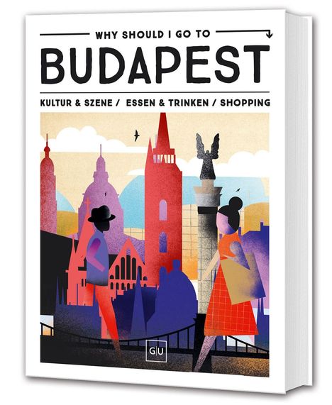 „WHY SHOULD I GO TO BUDAPEST“, „KULTUR & SZENE / ESSEN & TRINKEN / SHOPPING“. Illustrative Stadtszene mit Figuren.