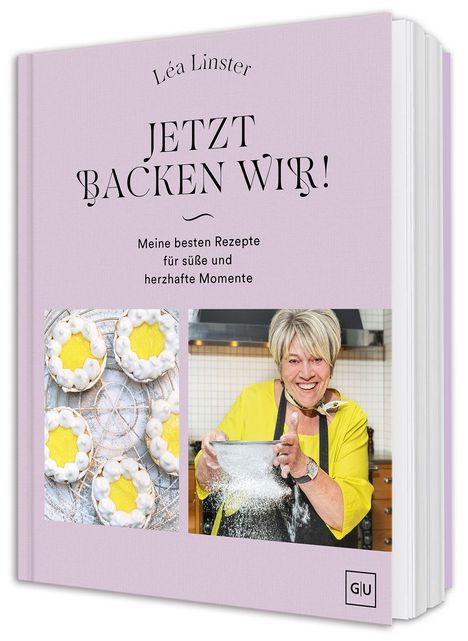 "JETZT BACKEN WIR! Meine besten Rezepte für süße und herzhafte Momente." Frau in gelbem Outfit mit Mehl und Törtchen.