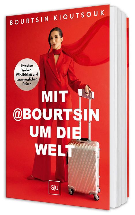 "Zwischen Wolken, Wirklichkeit und unvergesslichen Reisen. MIT @BOURTSIN UM DIE WELT." Frau in rotem Anzug mit Koffer.