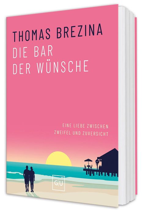 Ein rosa Buchcover mit "THOMAS BREZINA DIE BAR DER WÜNSCHE". Illustration: Paar am Strand, Sonnenuntergang, Steg mit Bar.