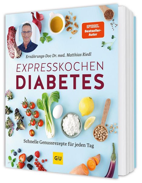 „EXPRESSKOCHEN DIABETES“, „Ernährungs-Doc Dr. med. Matthias Riedl“, „Schnelle Genussrezepte für jeden Tag“. Verschiedene gesunde Lebensmittel sind abgebildet.
