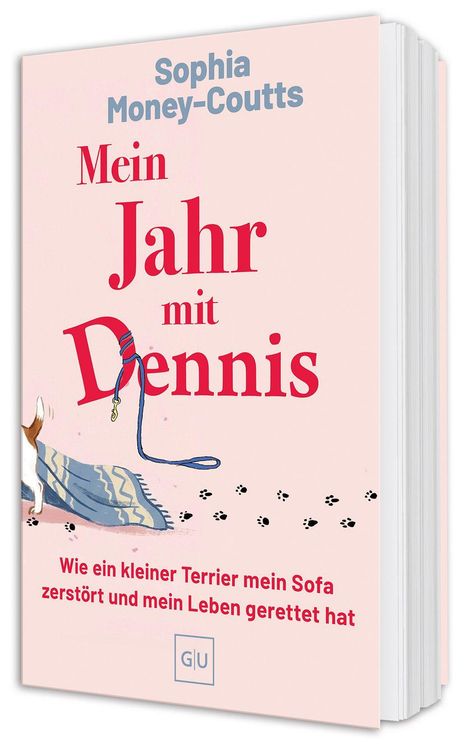 Buchtitel: "Mein Jahr mit Dennis". Untertitel: "Wie ein kleiner Terrier mein Sofa zerstört und mein Leben gerettet hat". Terrier zieht Decke.