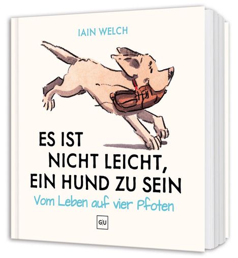 Titel: "Es ist nicht leicht, ein Hund zu sein". Ein Hund trägt eine Zeitung im Maul.