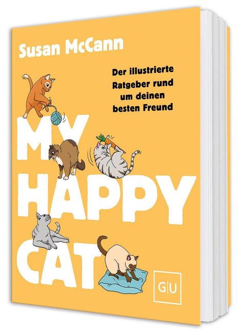 „Der illustrierte Ratgeber rund um deinen besten Freund,“ verspielte Katzen auf orangem Hintergrund.