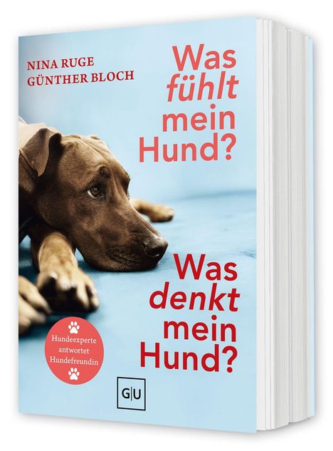 Text: "Was fühlt mein Hund? Was denkt mein Hund?" Autor: Nina Ruge, Günther Bloch. Hund liegt auf blauem Hintergrund.