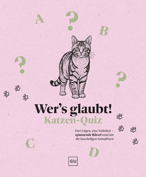 „Wer’s glaubt! Katzen-Quiz“ Text mit Fragezeichen und Katzenzeichnung auf rosa Hintergrund.