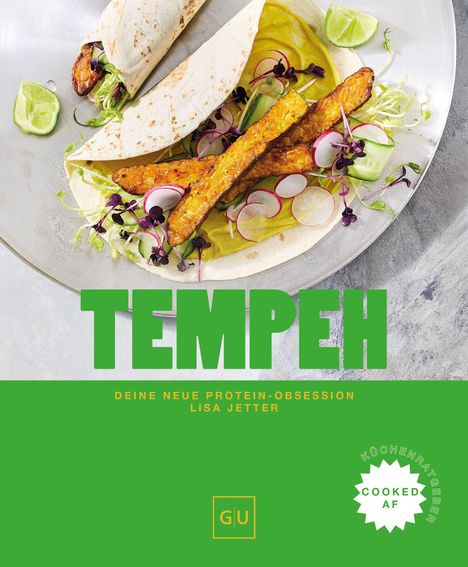 "Tempeh. Deine neue Protein-Obsession. Lisa Jetter. GU Logo. Zwei Tacos mit Tempeh, Radieschen, Sprossen und Limette."