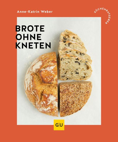 "BROTE OHNE KNETEN" in schwarzen Buchstaben auf hellrotem Hintergrund. Verschiedene Brotsorten werden gezeigt.