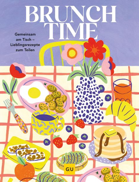 Texte: "BRUNCH TIME", "Gemeinsam am Tisch – Lieblingsrezepte zum Teilen". Illustration eines gedeckten Tisches mit Blumen, Speisen und Getränken.