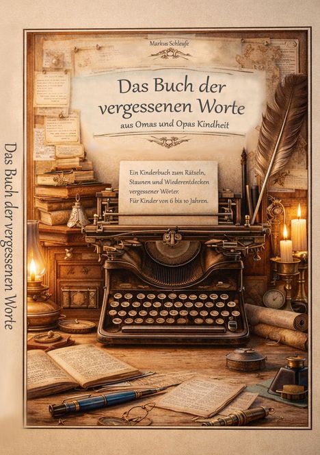 "Das Buch der vergessenen Worte" steht groß im Zentrum auf altem Papier mit Schreibmaschine, Federkiel und alten Büchern.