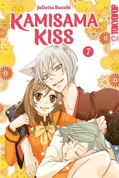 Text: "Julietta Suzuki Kamisama Kiss 7" und "TOKYOPOP". Eine Manga-Illustration mit drei Figuren, umgeben von Blumen.