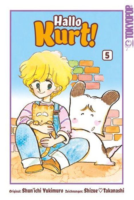 "Hallo Kurt! 5" zeigt einen Jungen mit blondem Haar, der eine Katze hält, neben einem großen weißen Hund. Verspielte Illustration.