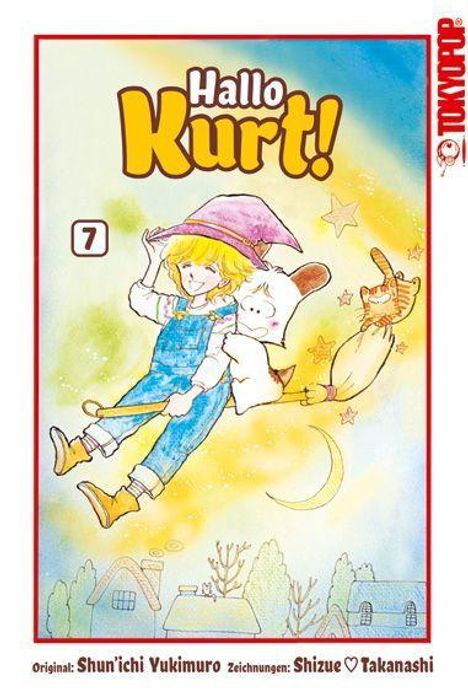 "Hallo Kurt!" Ein Junge fliegt mit Hase und Katze über Häuser, Sterne und Mond. Links: große "7". Rechts: "Tokyopop" senkrecht.