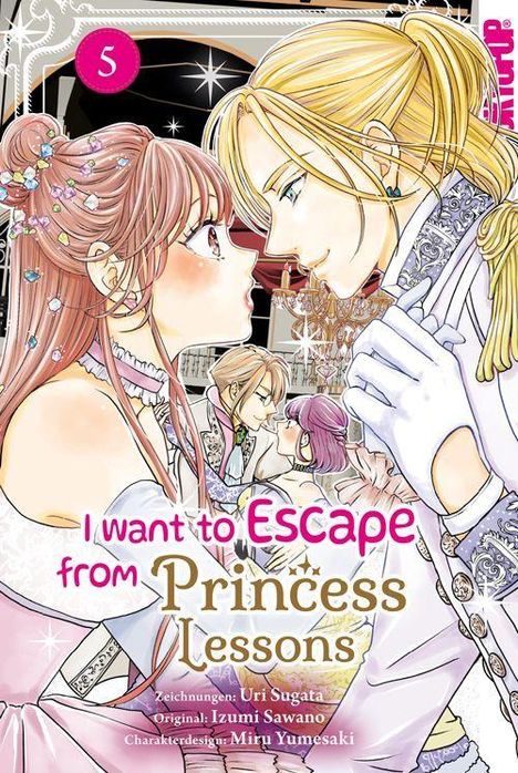 Text: "I want to escape from Princess Lessons." Zwei stilisierte Figuren in heller, romantischer Szene. Manga-Stil.