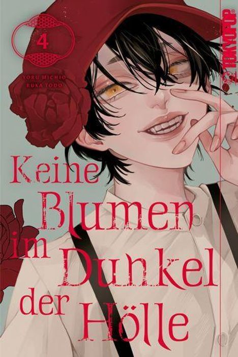 "Keine Blumen im Dunkel der Hölle" steht in roter Schrift. Ein Junge mit schwarzem Hut und roten Blumen im Haar lächelt.