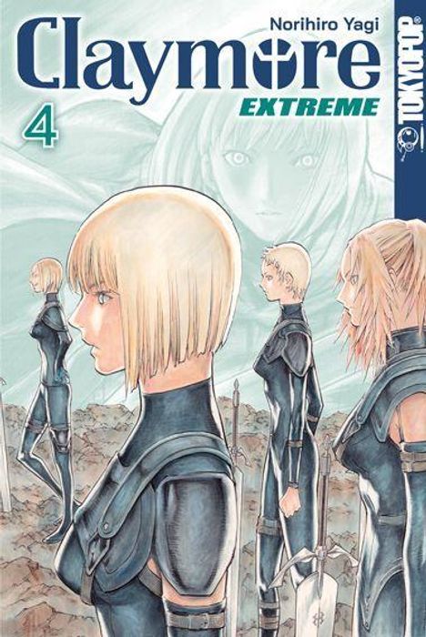 „Claymore 4 Extreme, Norihiro Yagi, Tokyopop“: Frauen in Rüstungen mit Schwertern in karger Landschaft, ernste Blicke.