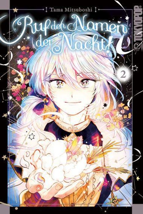 "Ruf der Namen der Nacht". Manga-Cover mit Charakter in bunter Kleidung, pastellfarbenem Haar und funkelndem Hintergrund.