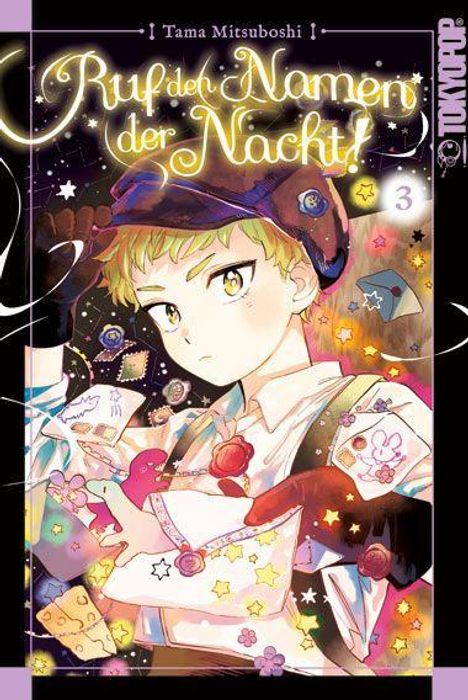 "Ruf der Namen der Nacht! 3" steht groß oben. Eine Illustration zeigt eine Person in bunter Kleidung mit mystischem Hintergrund.