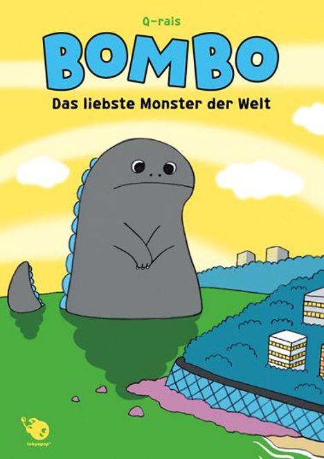 "BOMBO: Das liebste Monster der Welt" oben. Illustration: Ein freundliches, graues Monster steht neben einer Stadt.