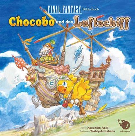 „Chocobo und das Luftschiff.“ Ein gelber Vogel, Chocobo, fliegt mit einem hölzernen Luftschiff durch den Himmel.