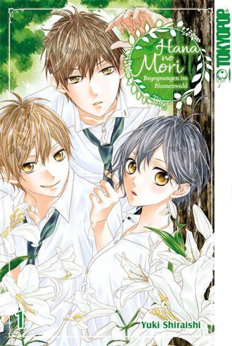 Text: "Hana no Mori: Begegnungen im Blumenwald" und "Yuki Shiraishi". Drei gezeichnete Jungen in Schuluniform, umgeben von Lilien.