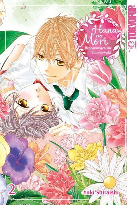 „Hana no Mori: Begegnungen im Blumenwald“. Zwei Personen liegen zwischen bunten Blumen, romantische Manga-Illustration.