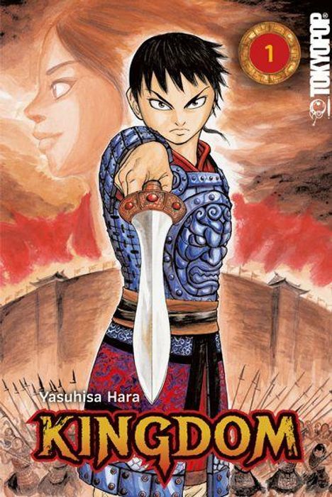 "Kingdom" in großen Buchstaben unten, darüber ein Krieger mit Schwert in Rüstung, umgeben von Soldaten und Gesichtern.