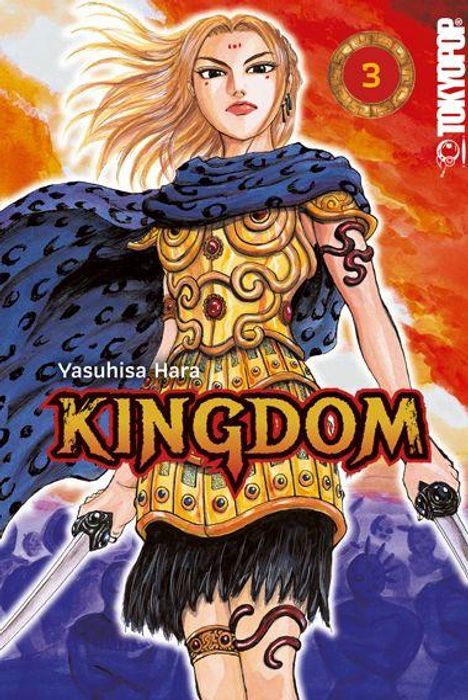 „Yasuhisa Hara, KINGDOM“ steht in fettem Text. Eine Kriegerin in goldener Rüstung, mit blauem Umhang und Schwert.