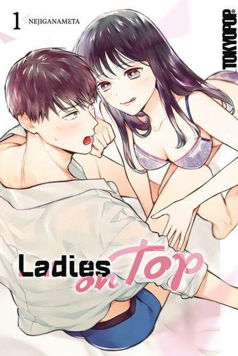 Titel: "Ladies on Top". Eine junge Frau sitzt lächelnd auf einem Mann, beide wirken verlegen. Manga-Stil.