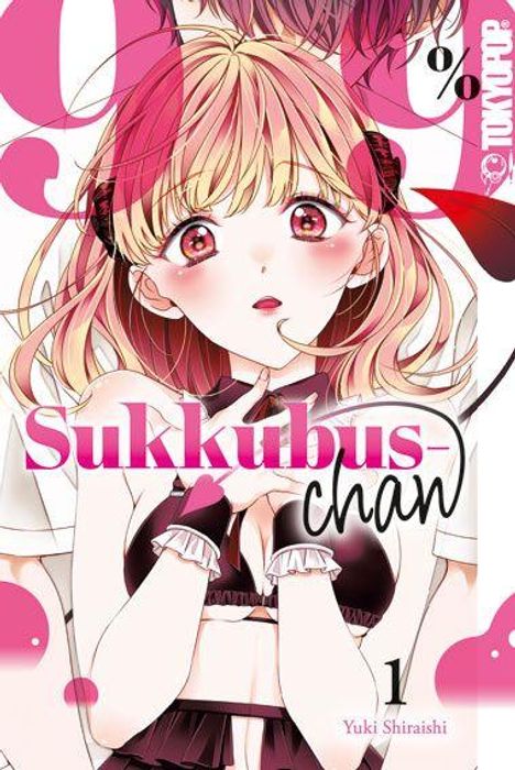 „Sukkubus-chan“ steht in pinker Schrift. Eine junge Frau mit blondem Haar und großen, ausdrucksstarken Augen ist abgebildet.