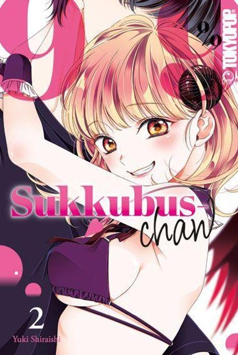 „Sukkubus-chan“ und „2“. Eine lächelnde Figur in einem lila Outfit mit Hörnern und großen Augen im Anime-Stil.