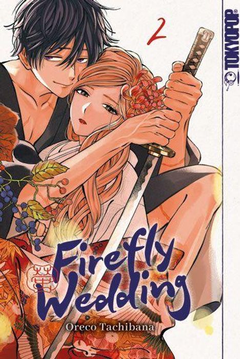 „Firefly Wedding“, Oreco Tachibana. Ein Paar mit Schwert in inniger Pose, umgeben von Blumen. Manga-Stil.