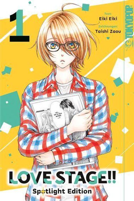 "LOVE STAGE!! Spotlight Edition" steht groß, darunter ein Junge mit Brille und Karojacke, der Manga hält.