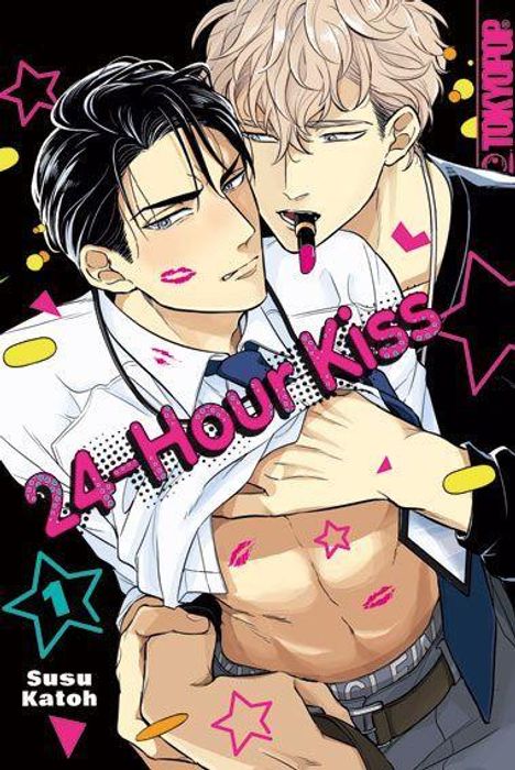 „24 Hour Kiss“ in pinker Schrift. Zwei Männer: einer mit offener Hemd, Krawatte, der andere mit Lutscher. Viele Kussabdrücke.