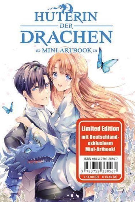 "Hüterin der Drachen Mini-Artbook." Illustration von einem Mann und einer Frau mit Drachen und Schmetterlingen.