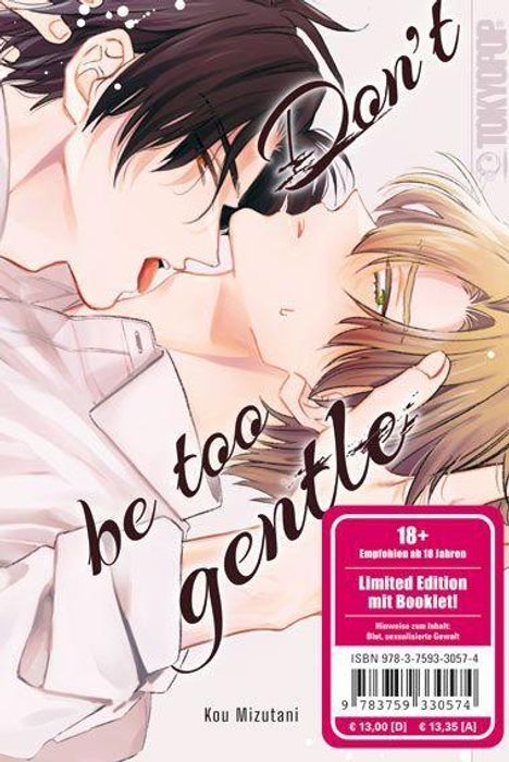 "Don’t be too gentle" in geschwungener Schrift; darunter ein geeignet für 18+ Hinweis. Zwei Personen sind kurz davor, sich zu küssen.