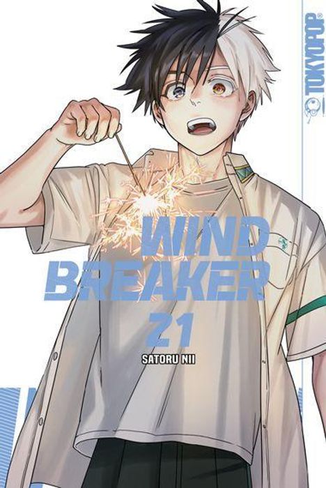 Text: "WIND BREAKER Z1 SATORU NII". Illustration von einem Jungen mit zweifarbigem Haar, der eine Wunderkerze hält.