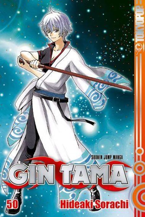 „Gin Tama“, „Hideaki Sorachi“, Band 50. Weißhaariger Mann in Kimono mit Schwert vor blauem, wirbelndem Hintergrund.