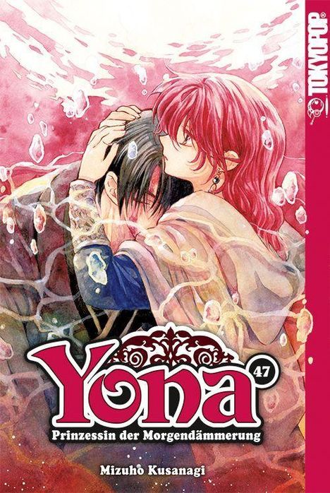 „Yona 47: Prinzessin der Morgendämmerung“ von Mizuho Kusanagi. Eine Frau mit roten Haaren umarmt einen Mann.
