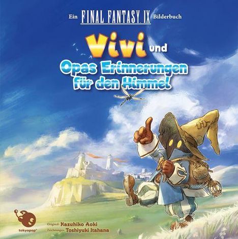 „Vivi und Opas Erinnerungen für den Himmel“ steht über einer Figur in einem blauen Himmel. Eine putzige Figur mit Hut.