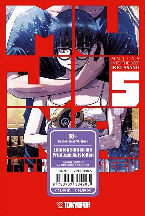 "MUJINA INTO THE DEEP", "INIO ASANO", "18+ Empfohlen ab 18 Jahren", "Limited Edition mit Print zum Aufstellen". Illustration einer Frau.
