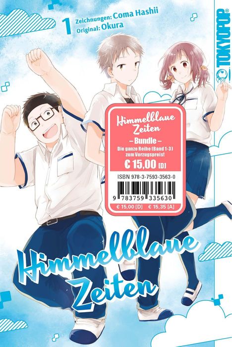 Text: "Himmellblaue Zeiten", "Bundle", "€ 15,00 [D]". Illustration von drei fröhlichen Personen in Schuluniformen.