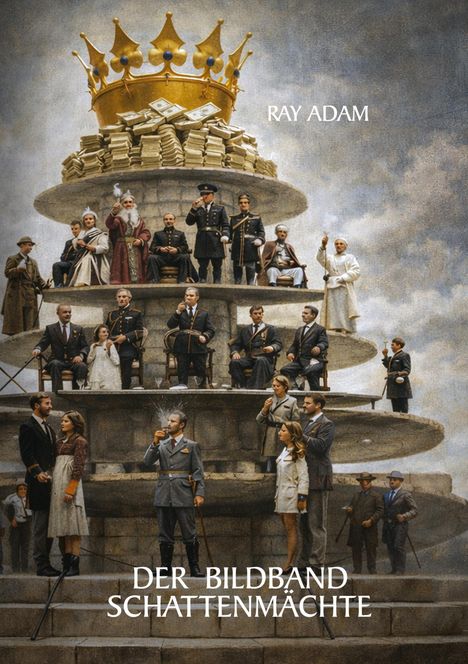 Text: "RAY ADAM" und "DER BILDBAND SCHATTENMÄCHTE". Illustration: Personen auf gestuften Plattformen unter einer Krone voller Geld.