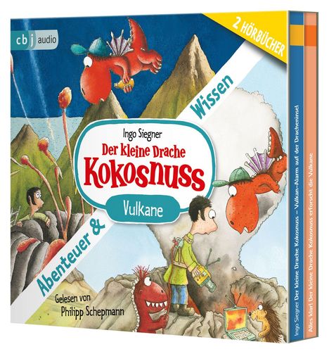 "Der kleine Drache Kokosnuss" von Ingo Siegner. Abenteuer & Wissen. Ein roter Drache fliegt über Vulkane.